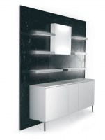 Expositor de pared Artform - 5 paneles negros +  6 repisas en cristal con iluminación + mueble contenedor